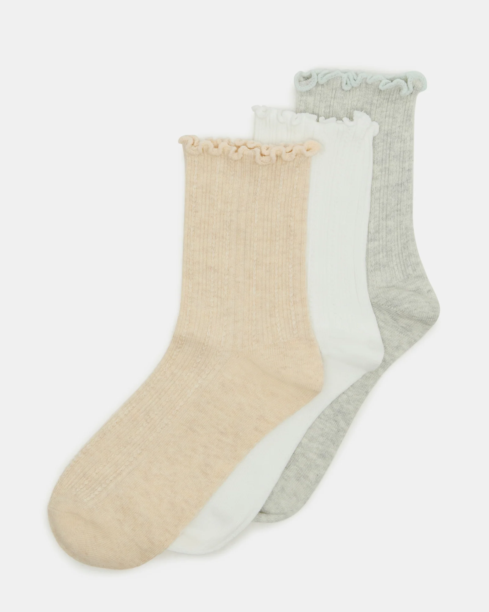 3 Pack Lettuce Edge Ribbed Socks Taupe