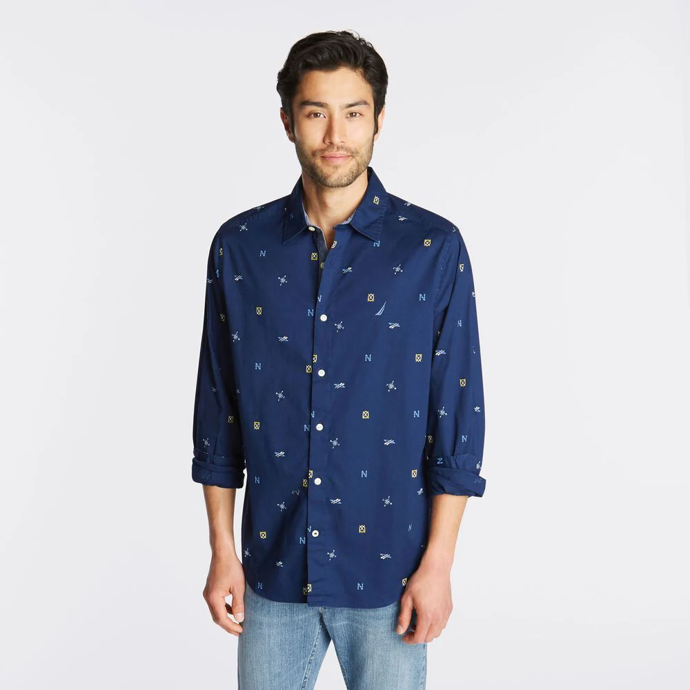 BIG & TALL CLASSIC FIT STRETCH OXFORD SHIRT IN MARITIME ICON PRINT